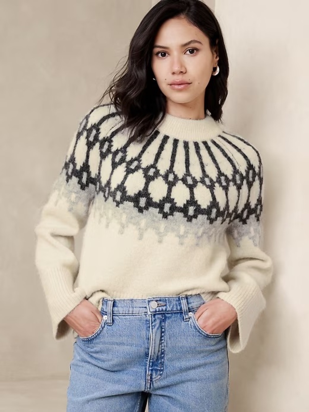 Banana Republic Alpaca Fair Isle Mock-Neck Sweater in Transition Cream, Size S